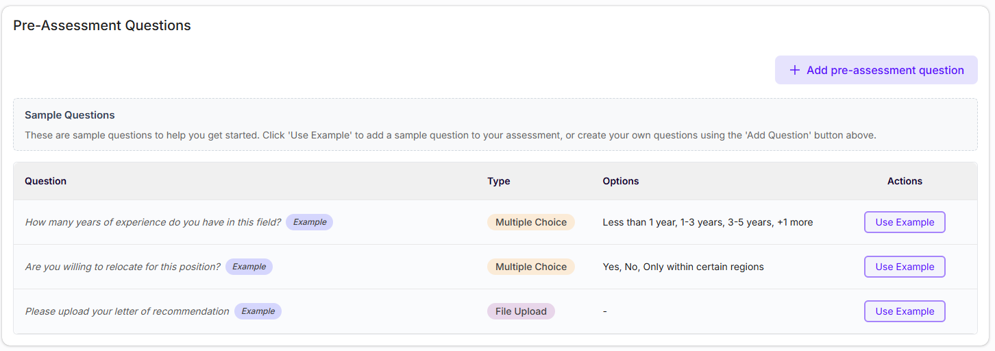Pre assessment questions section Sample Image