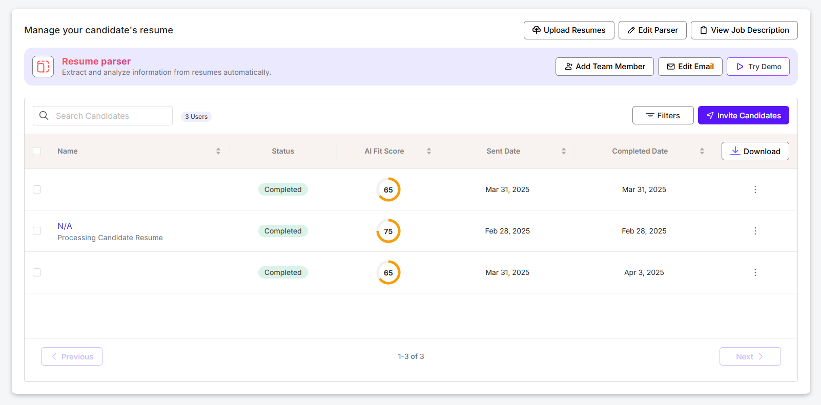 Resume parser view Sample Image